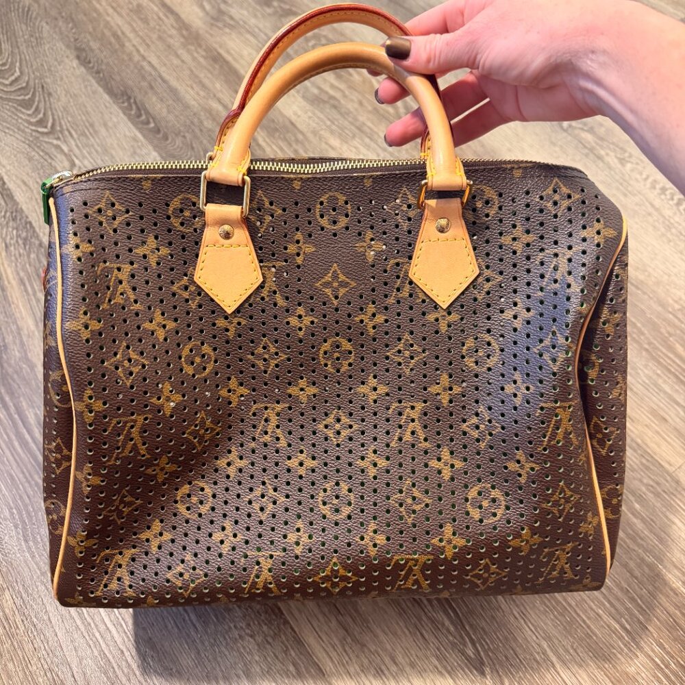 Louis Vuitton Brown Monogram Perforated Tote with Green Trim - Picture 9 of 12